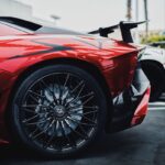 black and red Lamborghini Aventador SV rear left side
